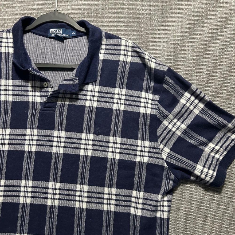 Polo Ralph Lauren Mens XL Navy Blue White Plaid Cotton Pique Short Sleeve Polo